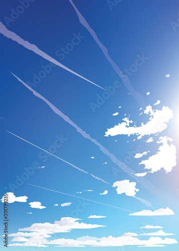 Vector blue sky clouds. Anime clean style. Background design