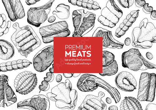 Meat products top view frame. Vector illustration. Engraved design. Hand drawn illustration. Pieces of meat design template. Great for package design. Chicken, beef, pork, sausage, lamb, ham sketch.