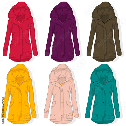Female coat illustration isolated on white. Fashion collection. Parka vector image.