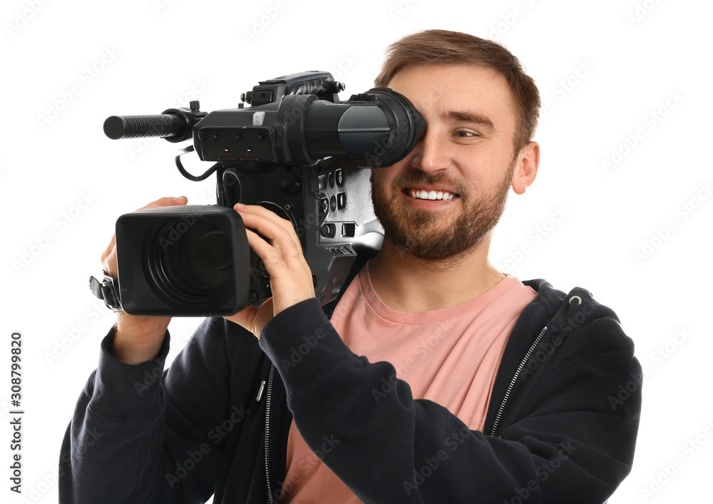Operator with professional video camera on white background Operator with professional video camera on white background