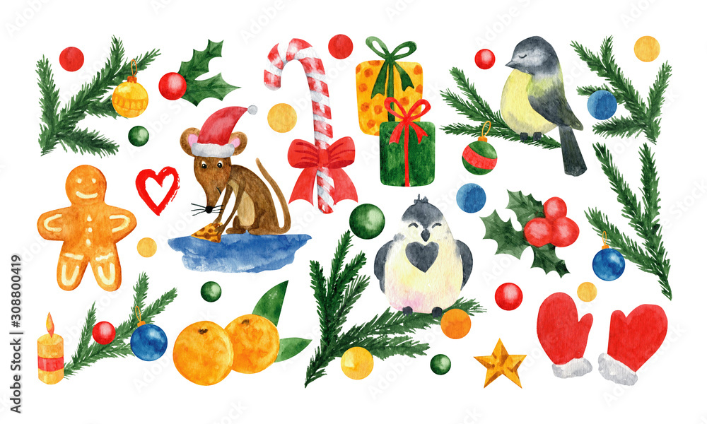 Naklejka premium Big set of New Year and Xmas watercolor illustrations with mouse, gingerbread, tangerines, sweets, gifts, Christmas tree. Winter elements for greeting cards and design. Isolated on white background