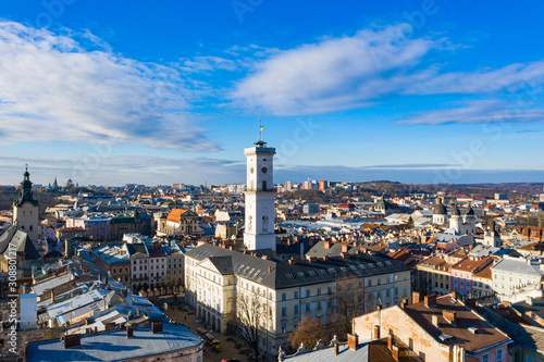 View on Lviv city hall from drone