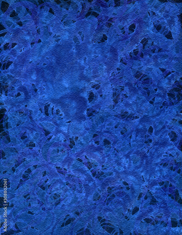 Obraz premium Abstract watercolor background with texture of paper, classic blue color, hand draw, splashes, drops of paint, paint smears. Design for backgrounds, wallpapers, prints, covers and packaging