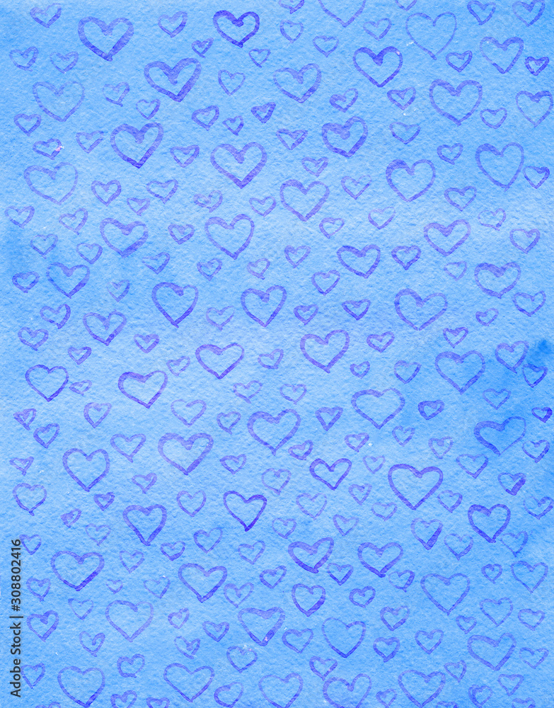 Abstract watercolor background Sky in Hearts, blue and violet colors, with texture of paper, hand draw, splashes, drops of paint. Design for backgrounds, wallpapers, prints, covers and packaging Abstract watercolor background Sky in Hearts, blue and violet colors, with texture of paper, hand draw, splashes, drops of paint. Design for backgrounds, wallpapers, prints, covers and packaging