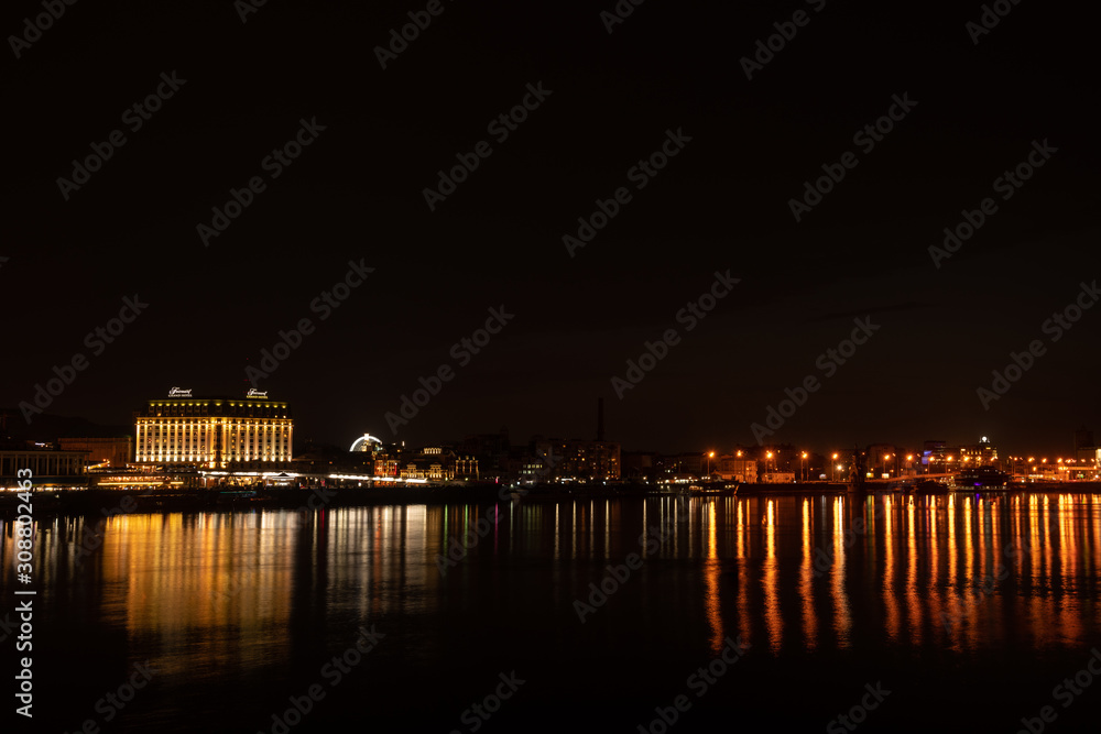 Night panorama of bridge on Dnipro in Kiev Ukraine