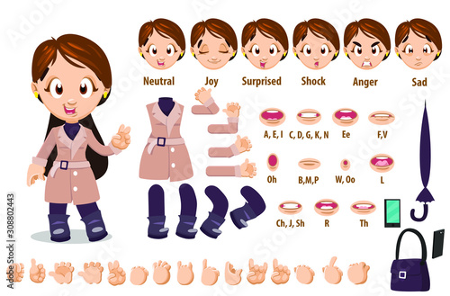 Cartoon girl in fall coat constructor for animation. Parts of body: legs, arms, face emotions, hands gestures, lips sync. Full length, front, three quater view. Set of ready to use poses, objects