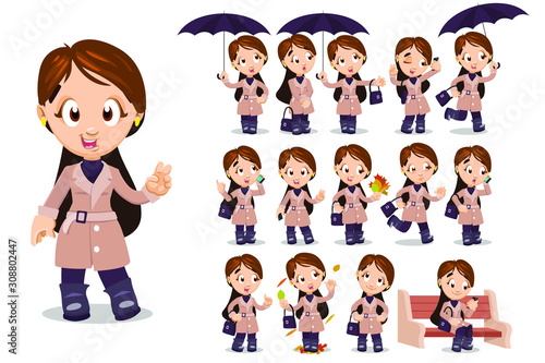 Big set with girl in autumn trench, walking with umbrella, taking selfies, running, speaking by phone, collecting autumn leaves, sitting on bench, showing hand gestures.
