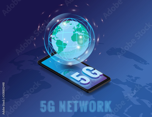 Isometric 5G network wireless technology template. Smartphone with Earth plane