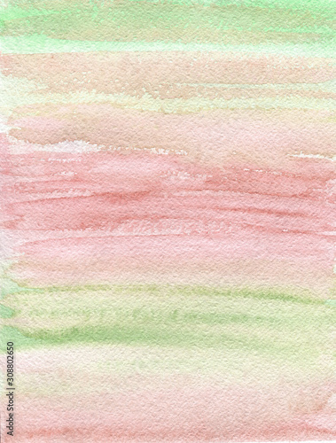 Abstract watercolor background with texture of paper, light green and pink colors, hand draw, splashes, drops of paint, paint smears. Design for backgrounds, wallpapers, prints, covers and packaging