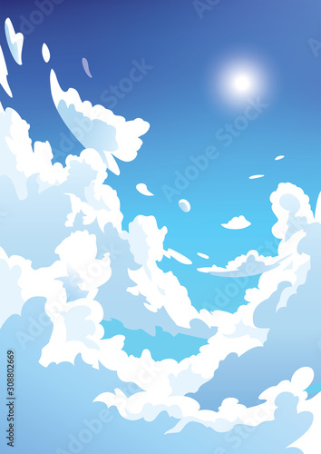 Vector blue sky clouds. Anime clean style. Background design