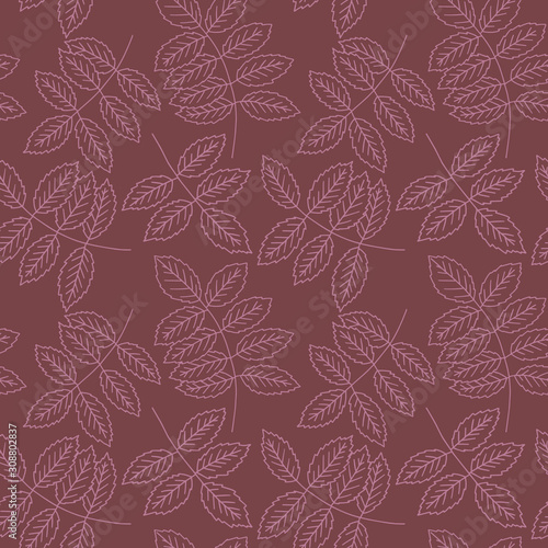 Dog rose leaves hand drawn seamless pattern. Pink elements on purple background. Good for fabric, textile, wrapping paper, wallpaper, baby room, kitchen, packaging, paper, print, etc. 