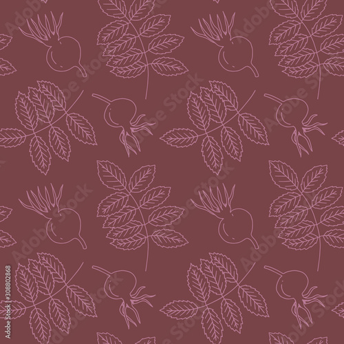 Dog rose leaves and fruit hand drawn seamless pattern. Pink elements on purple background. Good for fabric, textile, wrapping paper, wallpaper, baby room, kitchen, packaging, paper, print, etc. 