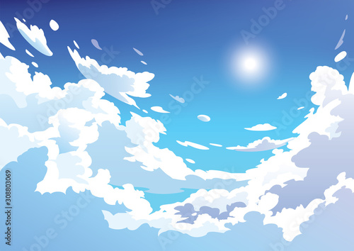 Vector blue sky clouds. Anime clean style. Background design photo