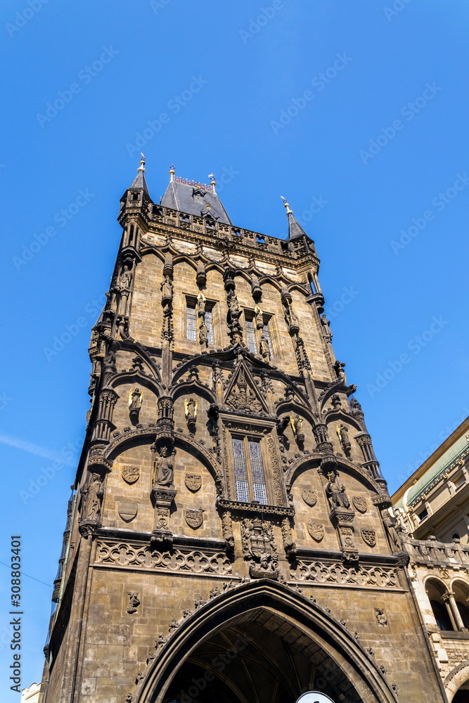Powder Gate Tower architectural detail, the Royal Route start, Old Town, UNESCO World Heritage Site, Prague, Czech Republic, sunny day