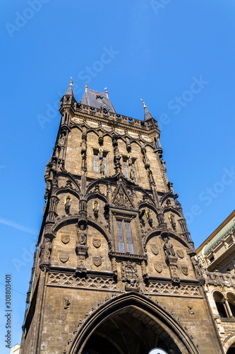 Powder Gate Tower architectural detail, the Royal Route start, Old Town, UNESCO World Heritage Site, Prague, Czech Republic, sunny day