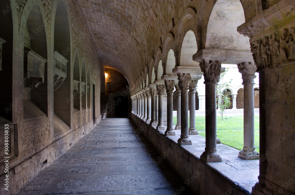 View of the Romanesque cloister of the Cathedral of Saint Mary of Girona, Spain