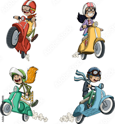 Cartoon characters with helmets riding scooters. People riding fast motorbikes.