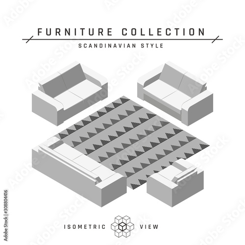 Isometric sofa, set of icons in flat style