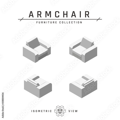 Isometric armchair, set of icons in flat style