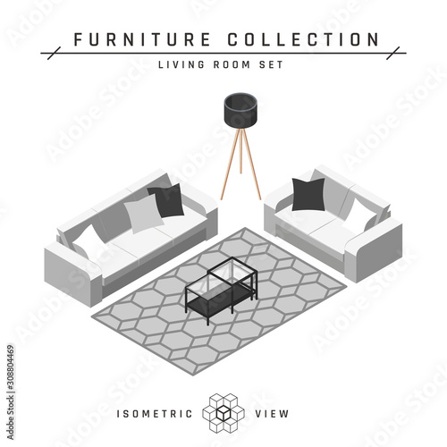 Isometric sofa, set of icons in flat style