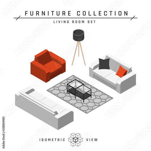 Isometric sofa, set of icons in flat style