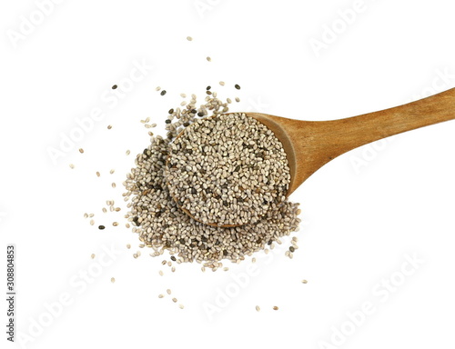 Chia seeds isolated on white background. heap of natural black chia seeds vegan gluten-free organic, healthy diet vegetarian superfood with antioxidant, omega-3, protein, mineral nutrients.