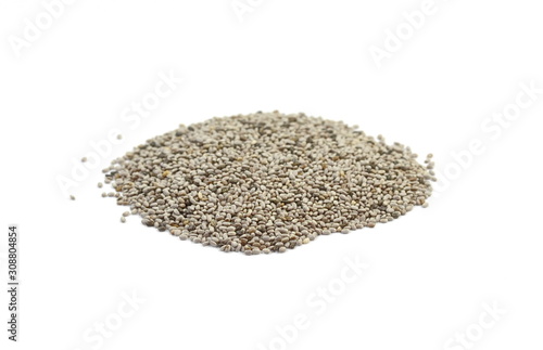 Chia seeds isolated on white background. heap of natural black chia seeds vegan gluten-free organic, healthy diet vegetarian superfood with antioxidant, omega-3, protein, mineral nutrients.