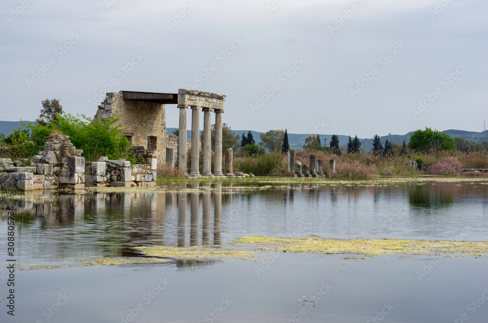 View of stoa and its reflection on the lake in Miletus ancient city, Turkey