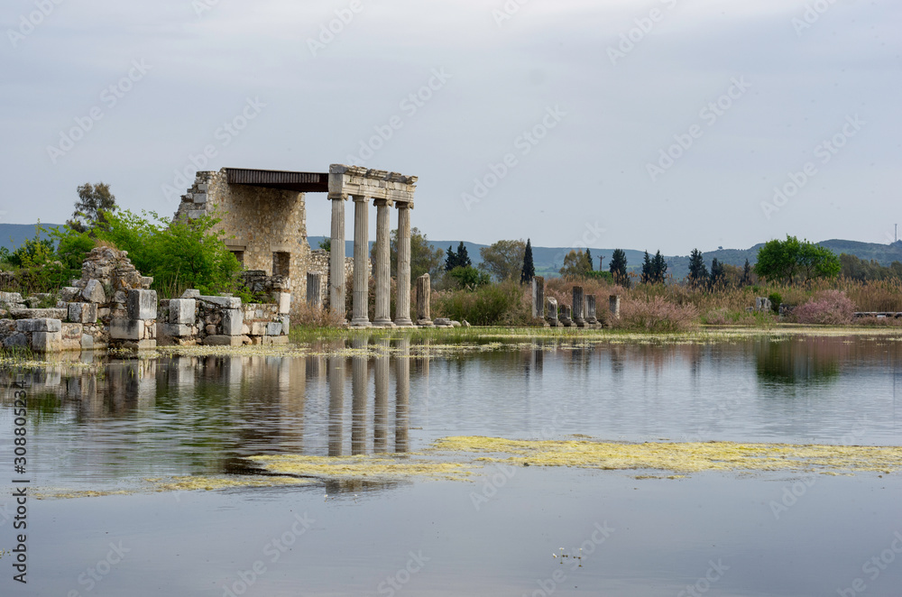 View of stoa and its reflection on the lake in Miletus ancient city, Turkey View of stoa and its reflection on the lake in Miletus ancient city, Turkey
