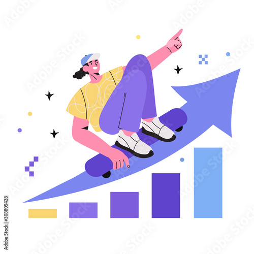 Vector illustration of a man or a guy on a skateboard riding on an arrow that shows statistic growth and rising rate isolated on a white background. Analytical service and business promotion concept.