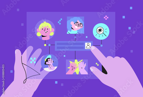 Vector illustration of hands holding a screen or hologram projection with people and search icon. The concept of headhunting, team management, we are hiring, job recruitment for banner or web design.