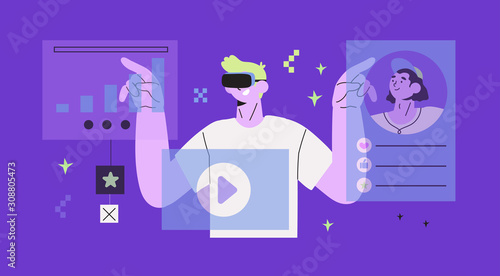Vector illustration of a man with virtual reality headset working on new project, prototyping application or doing research. Vr technology banner, landing page or blog post element in a trendy style.