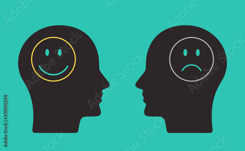 Two human heads with opposite thinking. The concept of chaos and order in thoughts. positive and negative thinking.