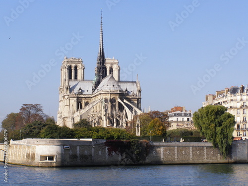 View of Notre Dame Cathedral from a pleasure boat on the Seine.