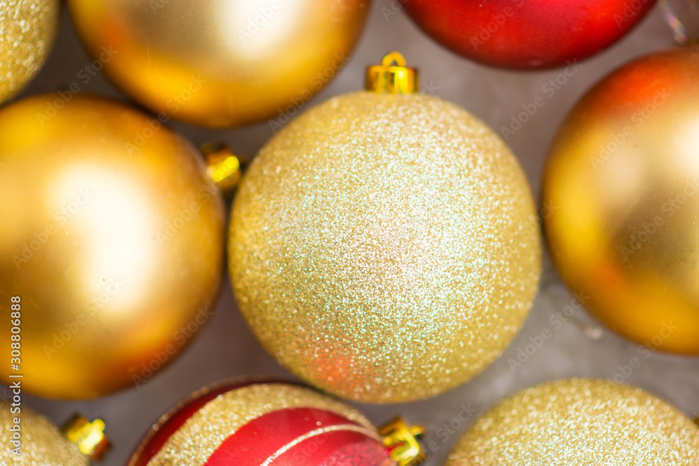 red and gold christmas balls, christmas lights, flat lay christmas photo red and gold christmas balls, christmas lights, flat lay christmas photo