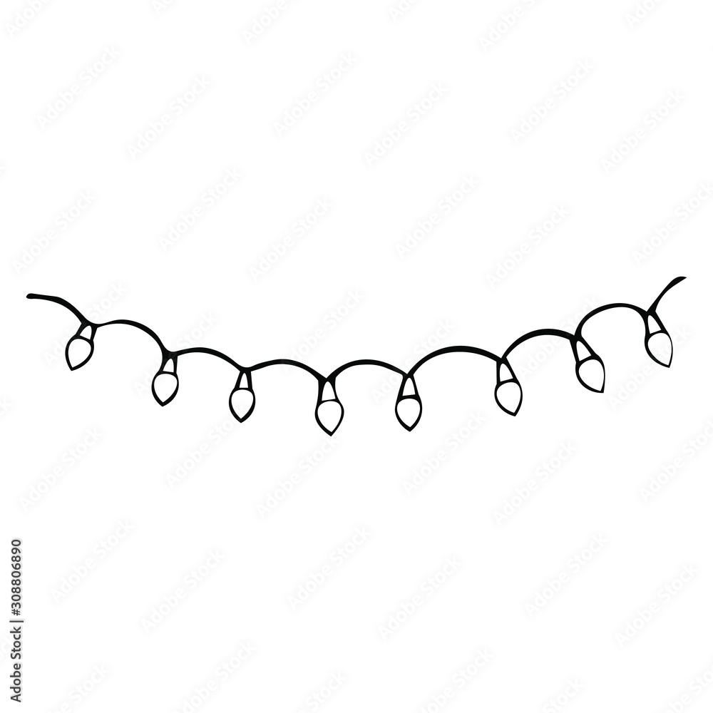 Christmas tree garland. Sketch. Doodle style. Vector illustration. Outline on an isolated background. Coloring book. Electric lights. Decorative decoration from light bulbs. New Year. Holiday print. Christmas tree garland. Sketch. Doodle style. Vector illustration. Outline on an isolated background. Coloring book. Electric lights. Decorative decoration from light bulbs. New Year. Holiday print.