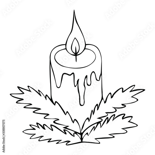 Christmas candle. Fir branches decoration. Vector illustration. Outline on an isolated background. Doodle style. Sketch. Coloring book for children. Magic attribute. The hot wax runs off. Hot flame. 