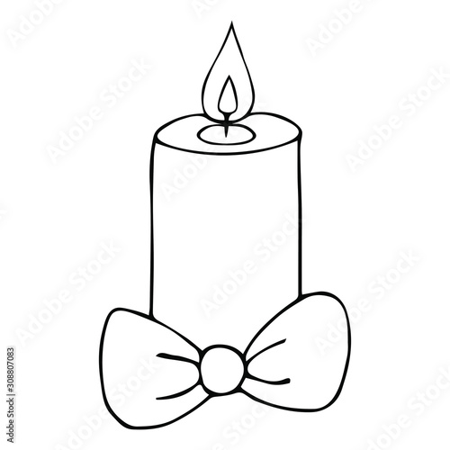 Christmas candle. Bow decoration. Vector illustration. Outline on an isolated background. Doodle style. Sketch. Coloring book for children. Magic attribute. The hot wax runs off. Hot flame. 