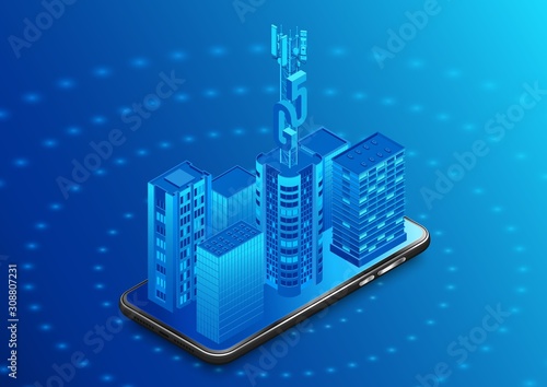 Equipping cities with 5g technology. Smartphone with antenna on the roof of a skyscraper. Technology of the fifth generation.