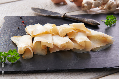 Delicious smoked halibut slices close up