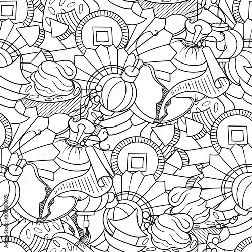 Doodle seamless pattern with Chinese New Year decorations.  Festival bangers, lanterns, fans, fortune cookie future.  Holiday art for coloring, easy to change colors.