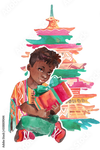 Watercolor illustration Christmas fir and african american boy. Can be used as invitation cards, wrapping paper, fabric, print 