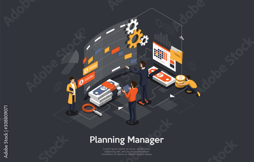 Isometric planning Manager concept. A group of people in the front of the big screen are planning their business. Vector illustration