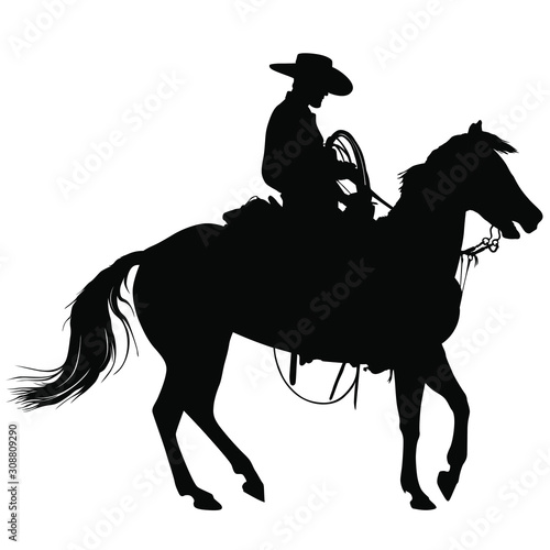 A vector silhouette of a working ranch cowboy on a horse.
