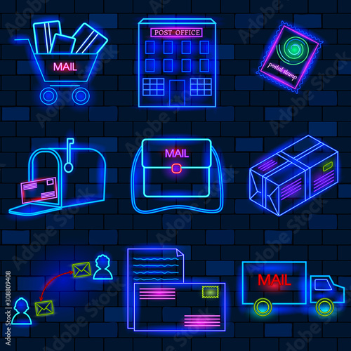 Vip neon icons set. Neon Post Icons Set on the dark brick wall Background. Flat style. Vector illustration