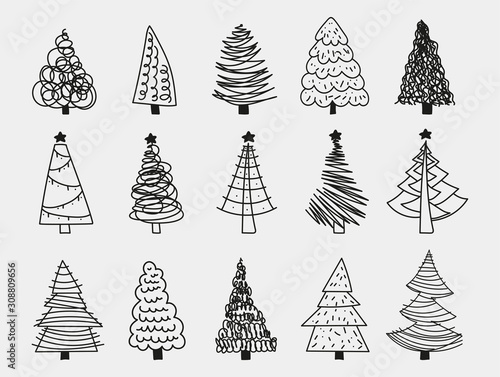Doodle Christmas Trees. to create holiday cards, backgrounds, ornaments, decoration. Hand drawn Christmas tree happy new year
