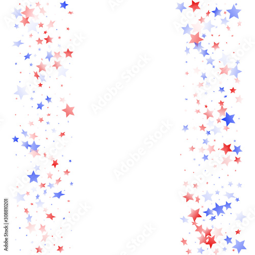 Flying red blue white star sparkles on white vector american patriotic background.