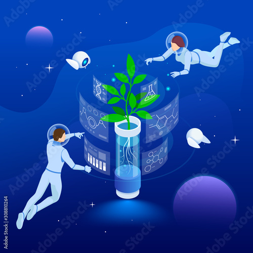 Isometric Space Colonization and travel of the future concept. Scientific research on growing plants in space. Genetic engineering and science. Human nutrition in space.