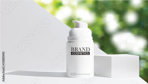 Vector Illustration Of Realistic White Cosmetic Bottle  With Green Bokeh 
