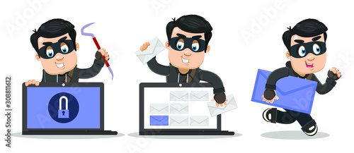 Computer burglar standing near laptop with lock pick, thieving confidential information, running away with big letter. Phishing, cyberattack, spam, viruses campaign concept. Vector set.